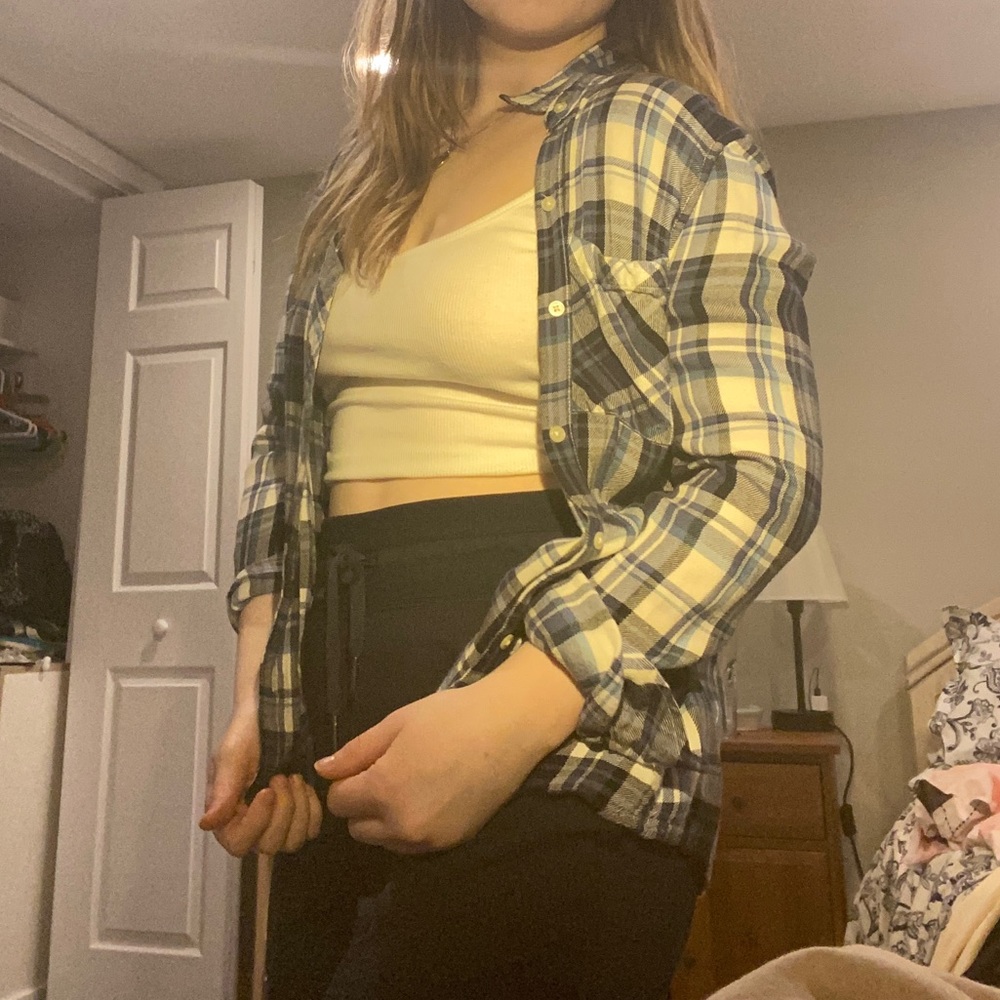 the GAP plaid cardigan blue and white
